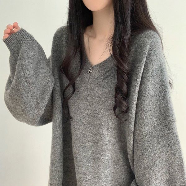 05112211｜秋冬〃1232慵懶V領輕暖寬鬆針織上衣｜F V領毛衣, 寬鬆針織, 慵懶風毛衣, 側開衩毛衣, 秋冬上衣, 奶杏毛衣, 黑色毛衣, 灰色針織, 咖啡毛衣, 韓系毛衣, 百搭上衣