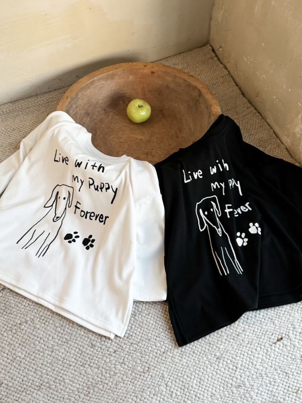 05120306｜小瑜家秋冬〃兩色小狗印花長版T｜90-150 女童上衣, 狗狗童裝, 印花童T, 長袖T恤, 秋冬童裝, 黑白童裝, 休閒童裝, 可愛上衣, 日系童裝, 童裝長袖
