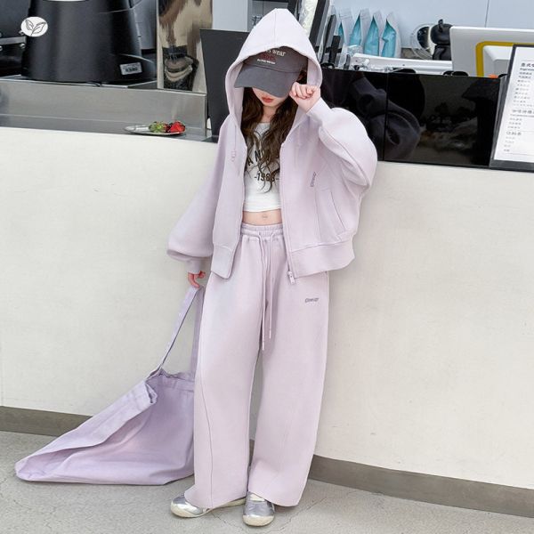 05121503｜HB春秋〃兩色連帽外套套裝｜120-170 少女套裝, 中大童套裝, 春季套裝, 休閒套裝, 連帽外套, 寬褲套裝, 春天穿搭, 女童套裝, 氛圍感穿搭, 中大童穿搭