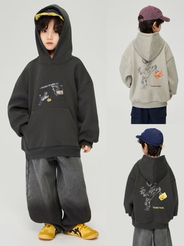 05110402┃TFYU秋冬〃機器人印花加絨連帽T┃100-170 童裝帽T, 厚刷毛上衣, 保暖連帽, 男童帽T, 女童帽T, 加厚帽T, 韓系童裝, 寬鬆帽T, 機器人圖案, 秋冬童裝