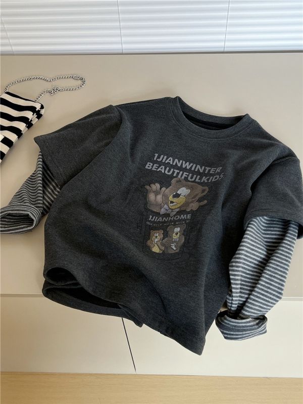 05110205┃SN〃8551假兩件加絨熊印花T┃100-160 插畫童裝, 熊熊刷毛上衣, 雙層保暖上衣, 秋冬童裝, 寬版落肩, 棉質刷毛, 特色插畫, 童裝衛衣, 100～160童裝, 居家休閒童裝