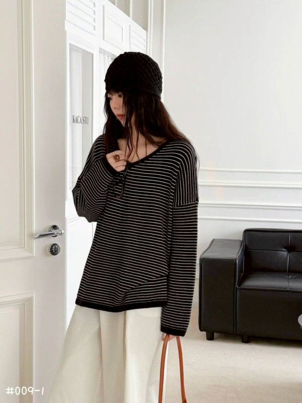 05120711｜秋冬〃009韓系細條紋側開衩上衣｜F 條紋針織, V領毛衣, 韓系上衣, 落肩毛衣, 顯瘦上衣, 寬鬆針織, 女生上衣, 秋冬穿搭