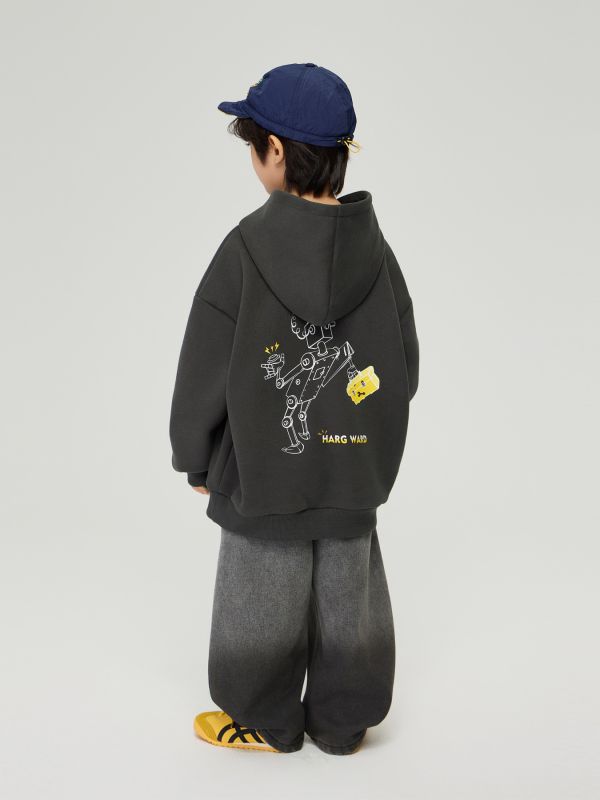 05110402┃TFYU秋冬〃機器人印花加絨連帽T┃100-170 童裝帽T, 厚刷毛上衣, 保暖連帽, 男童帽T, 女童帽T, 加厚帽T, 韓系童裝, 寬鬆帽T, 機器人圖案, 秋冬童裝