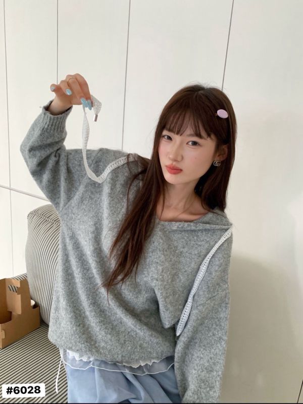 05112207｜秋冬〃6028三色蕾絲抽繩針織連帽衫｜F 連帽針織, V領毛衣, 抽繩上衣, 寬鬆針織, 韓系毛衣, 秋冬上衣, 紫色針織, 奶白毛衣, 灰色毛衣, 卡其毛衣, 休閒針織