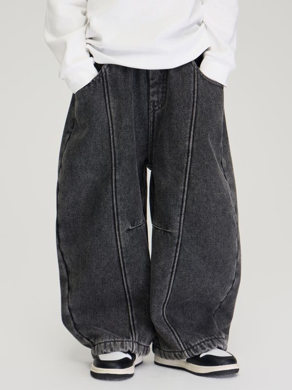 05110401┃TFYU秋冬〃水洗黑加絨牛仔褲┃100-170 童裝長褲, 奧利絨長褲, 加厚保暖褲, 束口長褲, 牛仔風長褲, 寬鬆長褲, 休閒褲, 兒童秋冬褲, 韓系童裝, 男女童褲