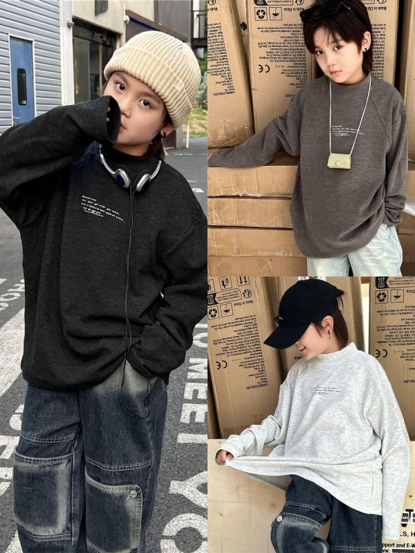 05110203┃SN〃8135三色薄絨半高領字母內搭T┃100-160 字母印花上衣, 歐美風童裝, 寬版落肩, 秋冬童裝, 潮童穿搭, 棉質長袖, 街頭風童裝, 100～160童裝, 情緒字句印花, 基本款衛衣