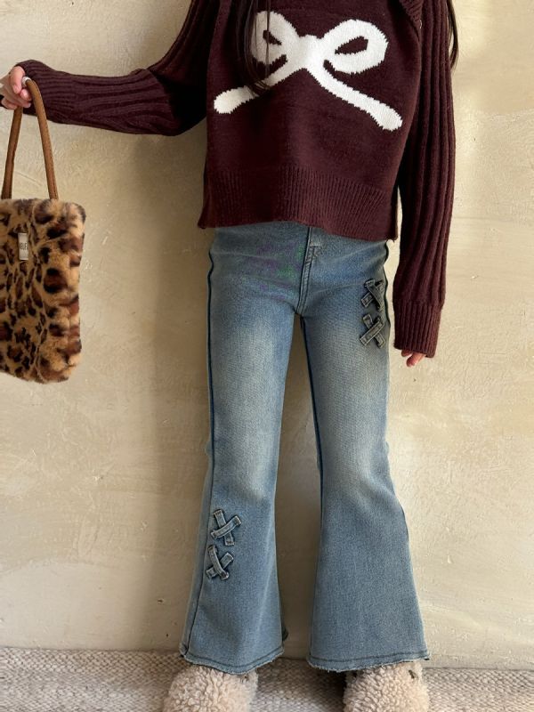 05120213｜小瑜家秋冬〃修身加絨微喇叭褲｜90-150 童裝牛仔褲, 童裝喇叭褲, 微喇叭褲, 中小童牛仔褲, 修身童褲, 十字貼布褲, 女童長褲, 男童長褲, 百搭童褲, 90-150童裝