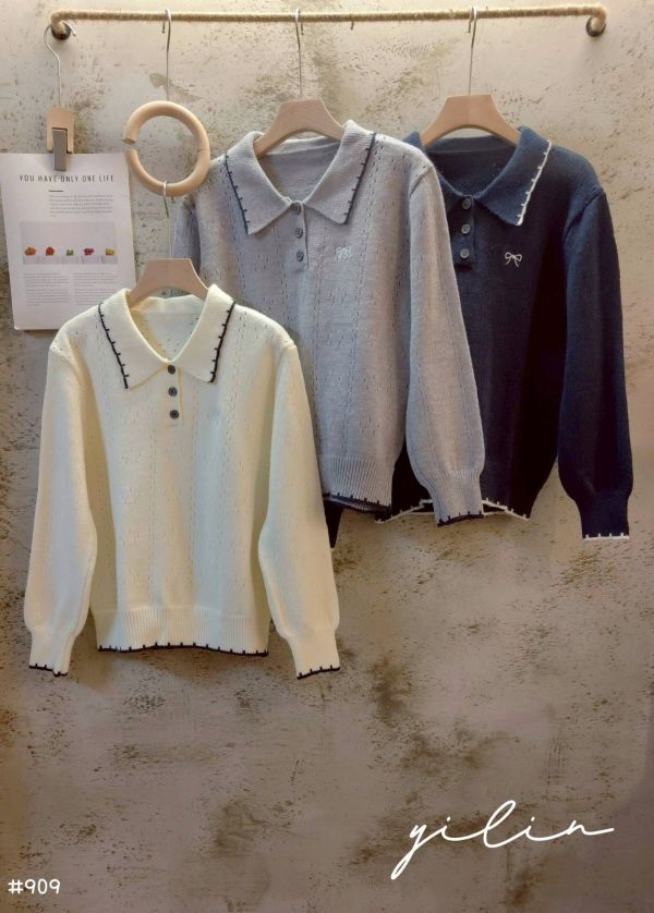 05110607┃秋冬〃909學園風甜美針織上衣 針織上衣、POLO針織衫、蝴蝶結毛衣、翻領毛衣、針織衫女、氣質上衣、韓系女裝、秋冬毛衣、文青上衣