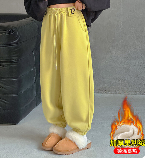 05111805｜HB家冬〃419五色加絨束腳運動褲｜120-170 兒童長褲、P字母褲、加厚休閒褲、保暖運動褲、兒童寬褲、秋冬棉褲、厚刷毛褲、休閒寬版褲、男女童長褲、兒童時尚穿搭、120-170褲子、冬季長褲