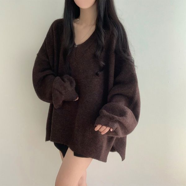 05112211｜秋冬〃1232慵懶V領輕暖寬鬆針織上衣｜F V領毛衣, 寬鬆針織, 慵懶風毛衣, 側開衩毛衣, 秋冬上衣, 奶杏毛衣, 黑色毛衣, 灰色針織, 咖啡毛衣, 韓系毛衣, 百搭上衣
