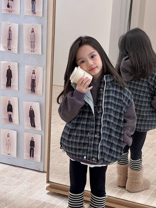 05111002┃小艾秋冬〃H039立領兩面穿夾棉背心┃90-170 兒童馬甲、兩面穿背心、冬季外套、格紋馬甲、加厚棉背心、韓系童裝、男童女童外套、兒童保暖背心、中大童背心、雙面穿外套、冬季穿搭