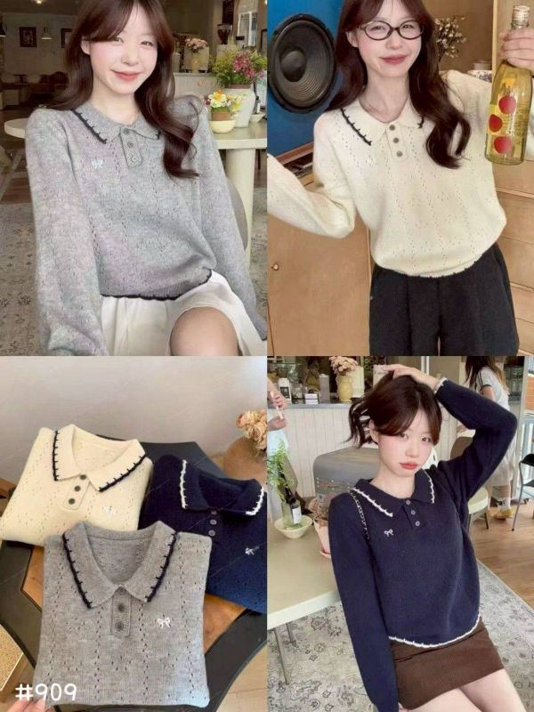 05110607┃秋冬〃909學園風甜美針織上衣 針織上衣、POLO針織衫、蝴蝶結毛衣、翻領毛衣、針織衫女、氣質上衣、韓系女裝、秋冬毛衣、文青上衣
