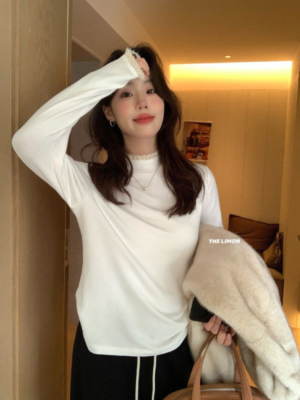 05112203｜LEMON〃9381蕾絲邊加絨高領打底衫｜F 加絨打底衫, 加厚打底, 蕾絲上衣, 氣質內搭, 保暖內搭, 秋冬上衣, 高領打底, 女裝內搭, 四色打底衫, 韓系打底衫, 百搭內搭, 氛圍感穿搭