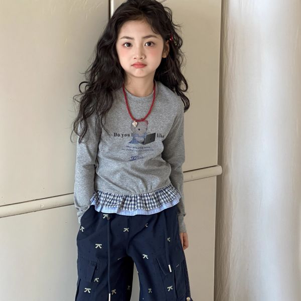 05112708｜XHY冬〃灰色KT印花花邊下擺T｜120-170 女童上衣、格紋假兩件、熊熊上衣、女童長袖、洋氣童裝、秋冬新品、百搭上衣