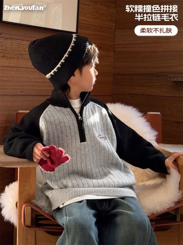 05120507｜ZNF秋冬〃9637撞色拼接北極絨半拉鍊上衣｜110-170 中大童毛衣, 韓系毛衣, 半拉鍊上衣, 拼色毛衣, 保暖童裝, 男女童上衣, 兒童針織衫, 秋冬童裝, 百搭童裝