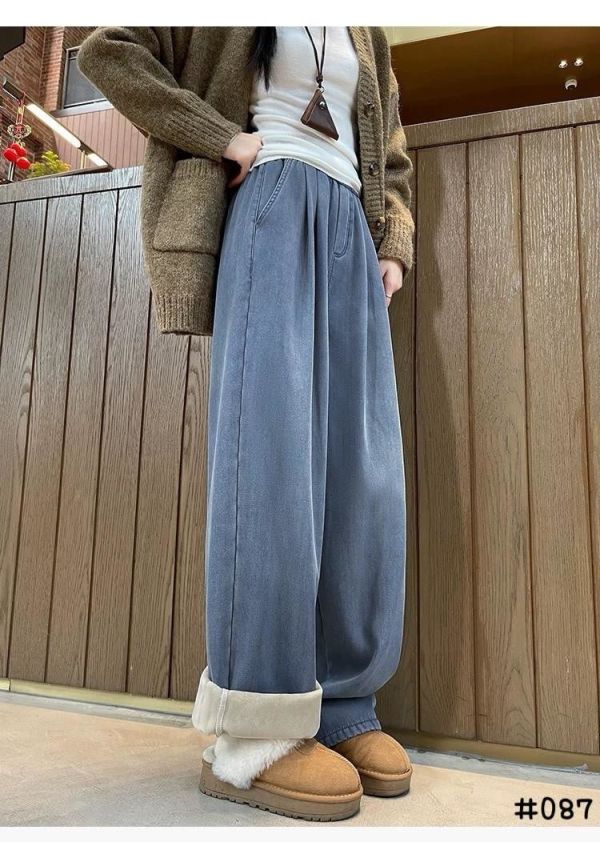 05121304｜秋冬〃087加絨丹寧感寬褲｜F 女款寬褲, 加絨寬褲, 冬季保暖褲, 高腰寬褲, 鬆緊腰長褲, 反摺褲腳, 刷毛長褲, 顯瘦褲型, 冬天穿搭, 女生休閒褲