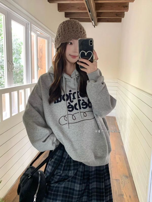 05120704｜秋冬〃2939法國麵包字母加絨連帽大學T｜F 刷毛帽T, 連帽衛衣, 韓系帽T, 刺繡衛衣, 寬鬆上衣, 情侶帽T, 落肩衛衣, 百搭帽T, 保暖上衣