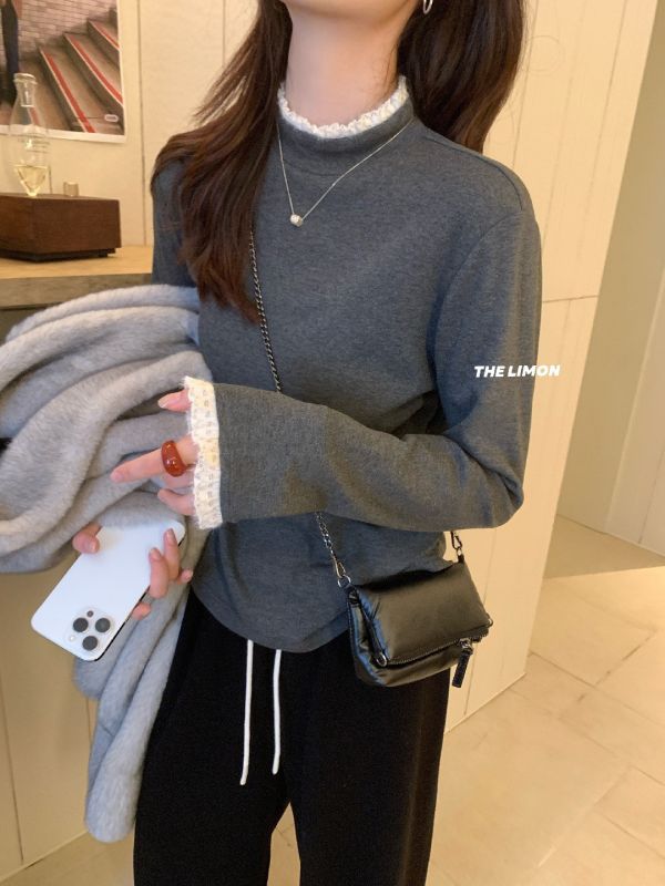 05112203｜LEMON〃9381蕾絲邊加絨高領打底衫｜F 加絨打底衫, 加厚打底, 蕾絲上衣, 氣質內搭, 保暖內搭, 秋冬上衣, 高領打底, 女裝內搭, 四色打底衫, 韓系打底衫, 百搭內搭, 氛圍感穿搭