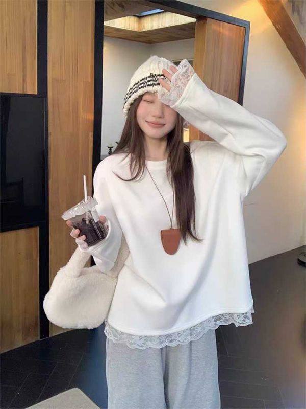 05112802｜秋冬〃5211蕾絲下擺内刷毛暖暖上衣｜F 加絨上衣、蕾絲上衣、保暖長袖、女裝打底、秋冬上衣、百搭上衣、寬鬆長袖