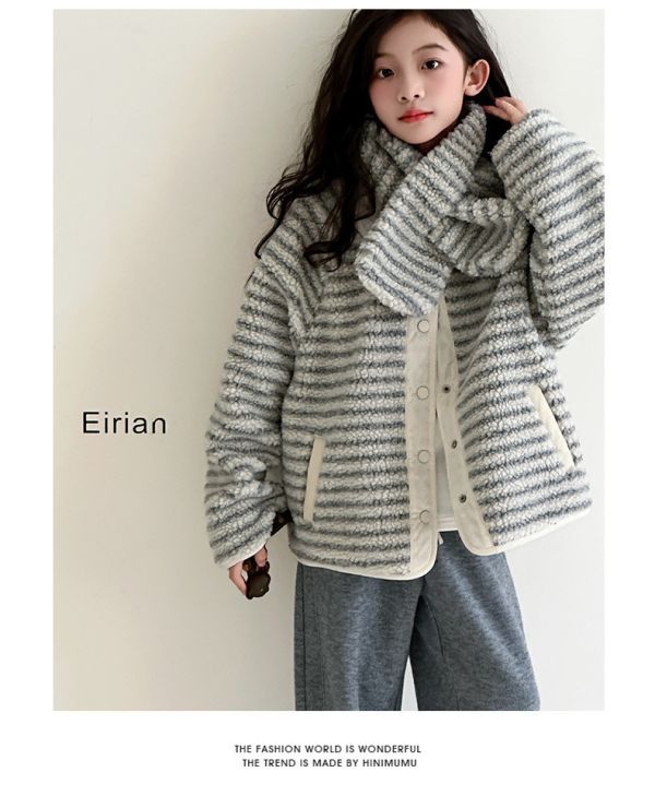 05110403┃秋冬〃條紋毛絨兩面穿外套圍巾┃120-170 羊羔絨外套, 雙面穿外套, 童裝外套, 保暖外套, 加厚外套, 韓系童裝, 冬季外套, 女童外套, 男童外套, 親子款外套