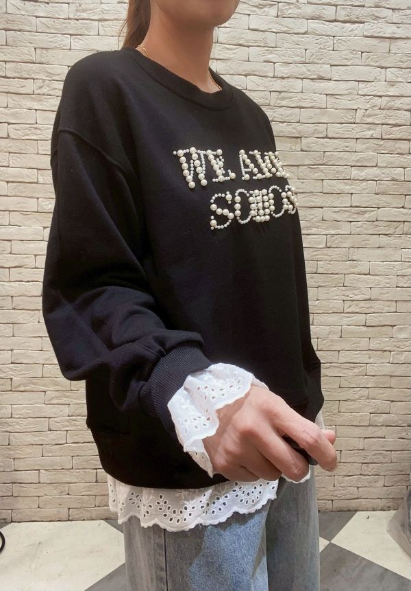 05110504┃秋冬〃1179釘珠英文拼蕾絲T 珍珠字母上衣、蕾絲拼接上衣、薄款衛衣、韓系上衣、女童上衣、春秋上衣、寬鬆上衣、女孩長袖、甜美風上衣