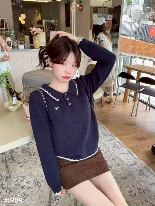 05110607┃秋冬〃909學園風甜美針織上衣 針織上衣、POLO針織衫、蝴蝶結毛衣、翻領毛衣、針織衫女、氣質上衣、韓系女裝、秋冬毛衣、文青上衣