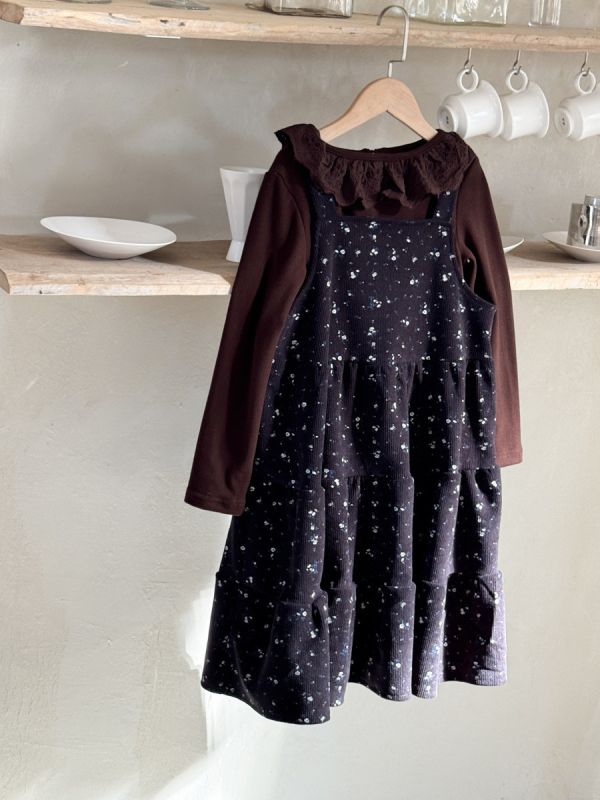 05120304｜小瑜家秋冬〃燈芯絨碎花吊帶裙｜90-150 女童洋裝, 吊帶洋裝, 假兩件洋裝, 碎花童裝, 秋冬童裝, 長袖洋裝, 女童連身裙, 日系童裝, 童裝套組, 燈芯絨洋裝