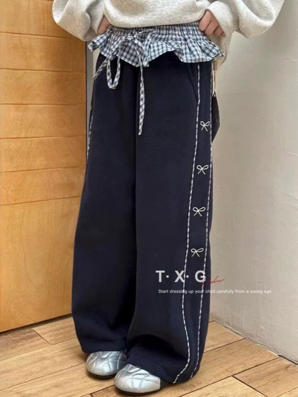 05121108｜TXG家秋冬〃2308兩色加絨蝴蝶結邊運動褲｜110-170 女童寬褲
女童長褲
女童假兩件褲
蝴蝶結寬褲
女童休閒褲
秋冬加厚長褲
女童百搭褲
格紋假兩件褲
TXG女童裝
韓版女童褲
女童寬鬆運動褲