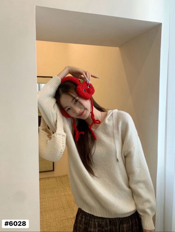 05112207｜秋冬〃6028三色蕾絲抽繩針織連帽衫｜F 連帽針織, V領毛衣, 抽繩上衣, 寬鬆針織, 韓系毛衣, 秋冬上衣, 紫色針織, 奶白毛衣, 灰色毛衣, 卡其毛衣, 休閒針織