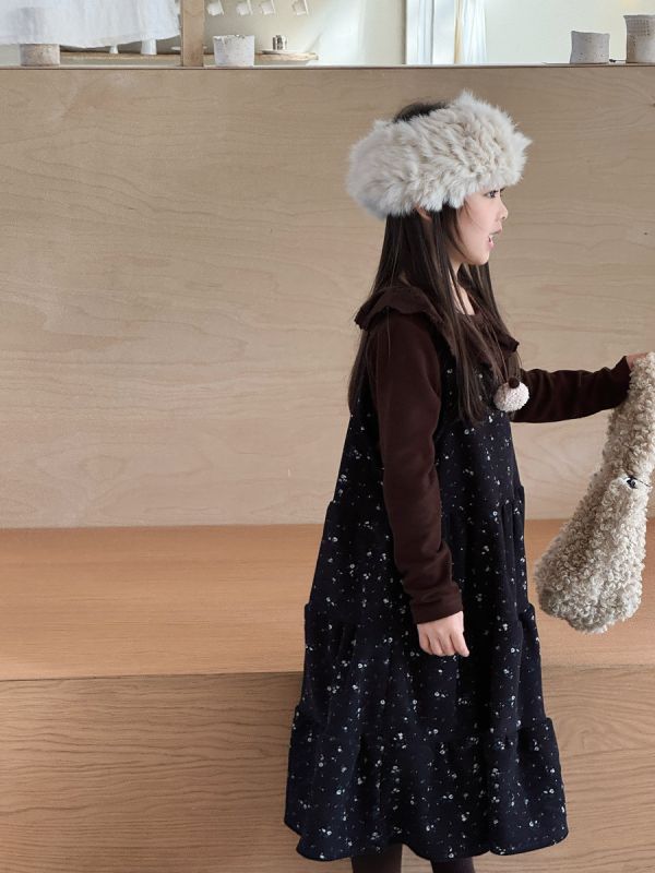 05120304｜小瑜家秋冬〃燈芯絨碎花吊帶裙｜90-150 女童洋裝, 吊帶洋裝, 假兩件洋裝, 碎花童裝, 秋冬童裝, 長袖洋裝, 女童連身裙, 日系童裝, 童裝套組, 燈芯絨洋裝