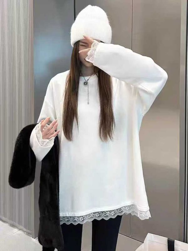 05112802｜秋冬〃5211蕾絲下擺内刷毛暖暖上衣｜F 加絨上衣、蕾絲上衣、保暖長袖、女裝打底、秋冬上衣、百搭上衣、寬鬆長袖
