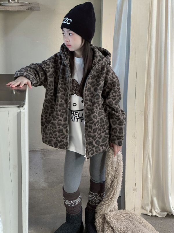 05120305｜小瑜家秋冬〃豹紋加絨連帽外套｜90-150 女童外套, 加絨外套, 豹紋童裝, 連帽外套, 拉鍊外套, 秋冬童裝, 保暖外套, 女童夾克, 童裝外套, 日系童裝