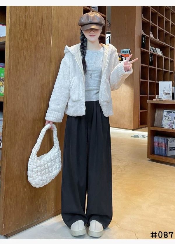 05121304｜秋冬〃087加絨丹寧感寬褲｜F 女款寬褲, 加絨寬褲, 冬季保暖褲, 高腰寬褲, 鬆緊腰長褲, 反摺褲腳, 刷毛長褲, 顯瘦褲型, 冬天穿搭, 女生休閒褲