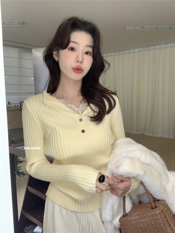 05121206｜LEMON秋冬〃006897蕾絲V領拼接針織衫｜F 蕾絲打底上衣, 羅紋上衣, 顯瘦上衣, V領針織, 女裝打底衫, 修身上衣, 長袖針織, 秋冬女裝, 內搭上衣, 氣質上衣