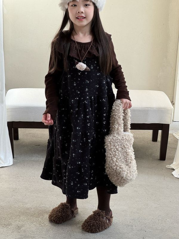 05120307｜小瑜家秋冬〃咖色蕾絲花邊奧絨上衣｜90-150 女童上衣, 長袖童裝, 碎花上衣, 蕾絲領童裝, 拼接上衣, 假兩件童裝, 秋冬童裝, 日系童裝, 可愛上衣, 女童T恤