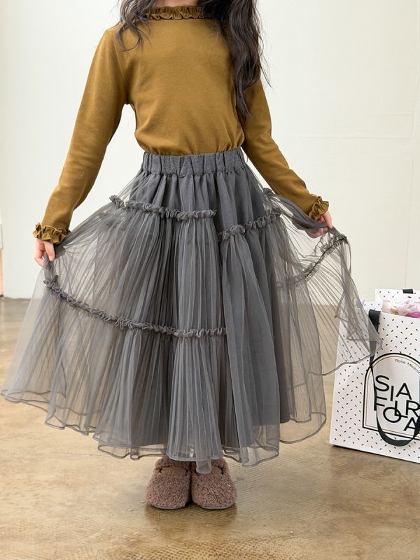 05111611｜小艾家秋冬〃H010灰色中長款網紗裙｜90-170 女童紗裙、公主裙、網紗長裙、多層紗裙、冬季紗裙、加厚保暖裙子、女童長裙、蓬蓬裙、兒童公主裙、灰色紗裙、90–170cm 裙子、女童氣質裙