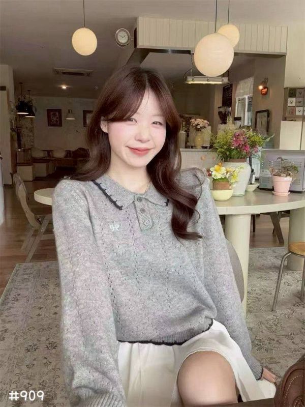 05110607┃秋冬〃909學園風甜美針織上衣 針織上衣、POLO針織衫、蝴蝶結毛衣、翻領毛衣、針織衫女、氣質上衣、韓系女裝、秋冬毛衣、文青上衣