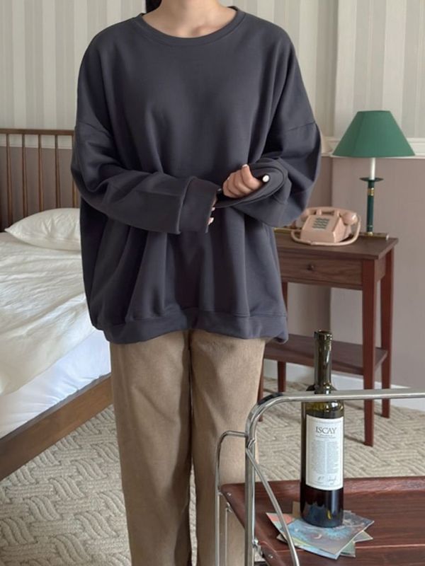 韓┃아미〃四色抓絨落肩純色T┃F 韓系上衣、寬鬆長袖T、素面衛衣、慵懶風上衣、圓領衛衣、中性上衣、秋冬長袖、基本款上衣、百搭上衣、oversize衛衣、棉質長袖、情侶裝