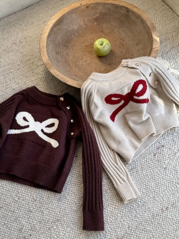 05120208｜小瑜家秋冬〃兩色蝴蝶結針織毛衣｜90-150 童裝針織上衣, 女童毛衣, 蝴蝶結上衣, 緞帶刺繡, 童裝秋冬上衣, 加厚毛衣童款, 氣質童裝, 女童穿搭, 百搭童衣, 90-150童裝