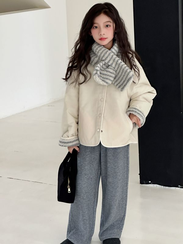 05110403┃秋冬〃條紋毛絨兩面穿外套圍巾┃120-170 羊羔絨外套, 雙面穿外套, 童裝外套, 保暖外套, 加厚外套, 韓系童裝, 冬季外套, 女童外套, 男童外套, 親子款外套