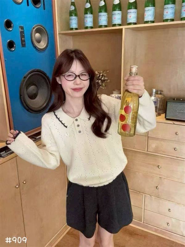 05110607┃秋冬〃909學園風甜美針織上衣 針織上衣、POLO針織衫、蝴蝶結毛衣、翻領毛衣、針織衫女、氣質上衣、韓系女裝、秋冬毛衣、文青上衣