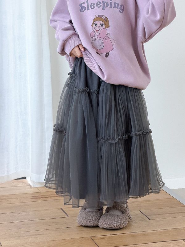 05111611｜小艾家秋冬〃H010灰色中長款網紗裙｜90-170 女童紗裙、公主裙、網紗長裙、多層紗裙、冬季紗裙、加厚保暖裙子、女童長裙、蓬蓬裙、兒童公主裙、灰色紗裙、90–170cm 裙子、女童氣質裙