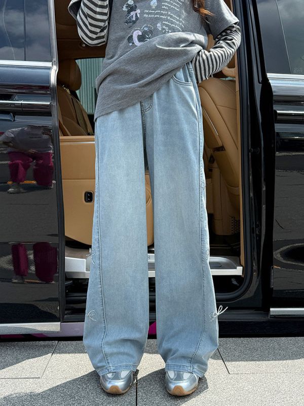 05110803┃秋〃MQ25蝴蝶結牛仔闊腿褲┃120-175 蝴蝶結牛仔褲、刺繡牛仔褲、寬鬆牛仔褲、韓系牛仔褲、高腰牛仔褲、女童牛仔褲、少女牛仔褲、丹寧長褲、直筒褲、顯瘦褲、街頭風褲子、可愛風牛仔褲