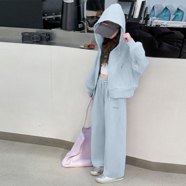 05121503｜HB春秋〃兩色連帽外套套裝｜120-170 少女套裝, 中大童套裝, 春季套裝, 休閒套裝, 連帽外套, 寬褲套裝, 春天穿搭, 女童套裝, 氛圍感穿搭, 中大童穿搭