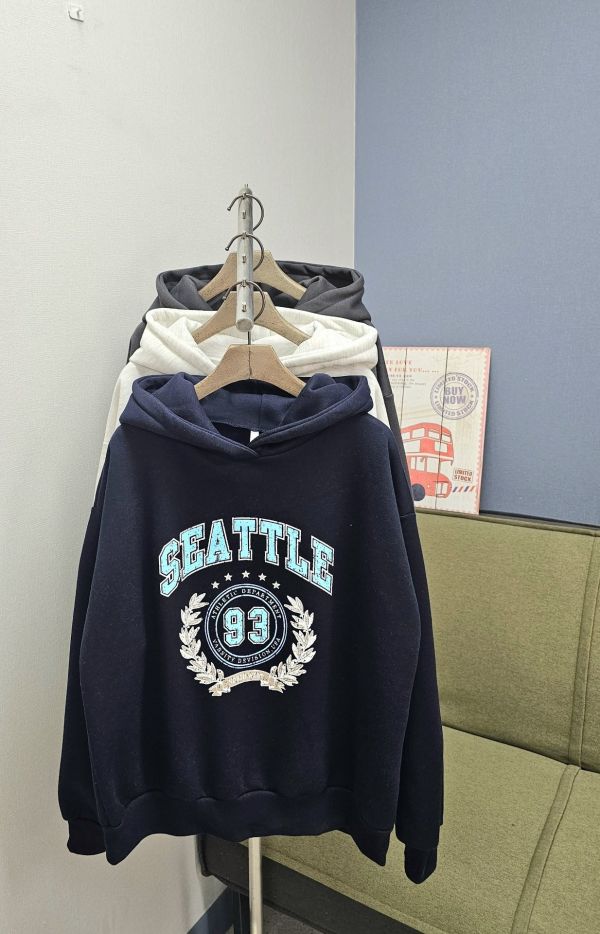 韓｜PINK〃三色加絨數字93連帽T｜F SEATTLE帽T, 刺繡大學T, 厚磅連帽T, 刷毛帽T, 暖冬大學T, 寬鬆版帽T, 美式復古上衣, 男女可穿帽T, 韓系帽T, SEATTLE 93