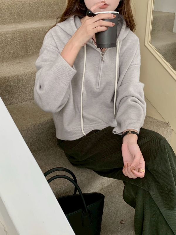 05120708｜秋冬〃506連帽半拉鍊針織上衣｜F 針織帽T, 半開拉鍊上衣, 連帽針織, 韓系上衣, 短版上衣, 顯瘦穿搭, 休閒針織, 女生上衣, 百搭上衣