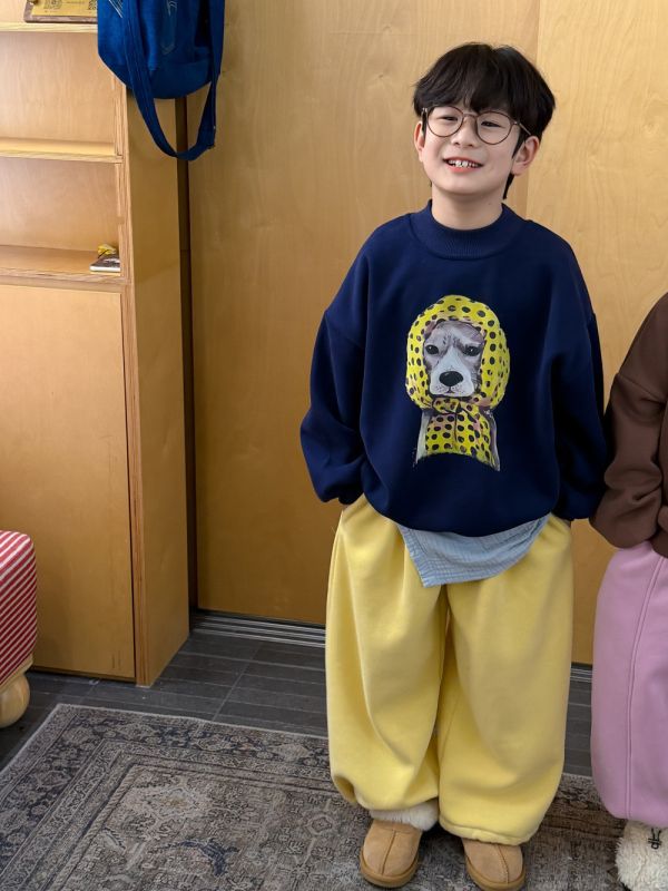 05120203｜KUMAI秋冬〃D218兩色加絨斑點頭巾狗印花T｜100-160 童裝刷毛上衣, 童裝大學T, 男童衛衣, 女童衛衣, 冬款童裝, 加厚刷毛, 可愛動物印花, 狗狗印花上衣, 保暖童裝, 中性童裝, 90 100 110 120 130 140 150