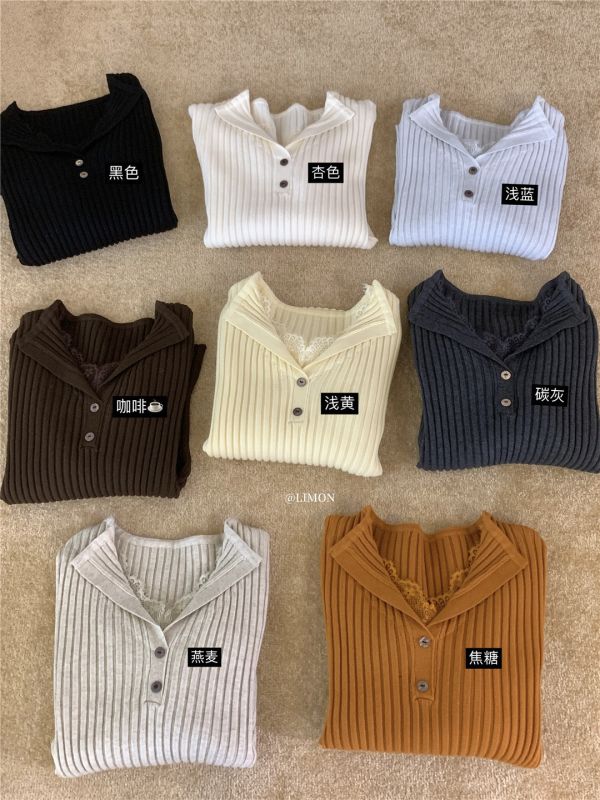 05121206｜LEMON秋冬〃006897蕾絲V領拼接針織衫｜F 蕾絲打底上衣, 羅紋上衣, 顯瘦上衣, V領針織, 女裝打底衫, 修身上衣, 長袖針織, 秋冬女裝, 內搭上衣, 氣質上衣