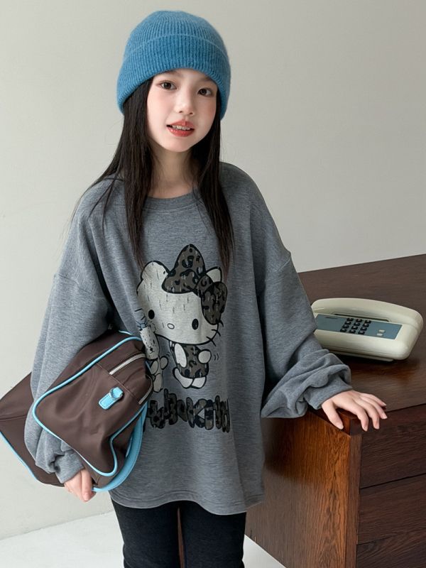 05113010｜CTONG秋冬〃灰色KT印花長版T｜100-160 Hello Kitty童裝
刷毛大學T
童裝上衣
中大童衛衣
可愛童裝
秋冬童裝
卡通上衣
顯瘦長版上衣
刷毛保暖
女童穿搭