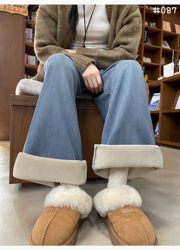 05121304｜秋冬〃087加絨丹寧感寬褲｜F 女款寬褲, 加絨寬褲, 冬季保暖褲, 高腰寬褲, 鬆緊腰長褲, 反摺褲腳, 刷毛長褲, 顯瘦褲型, 冬天穿搭, 女生休閒褲